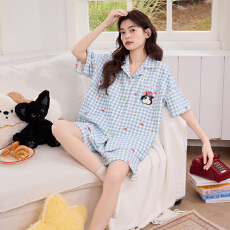 批发缤果睡衣夏季韩版短袖睡衣女士开衫翻领拉架仿棉休闲家居服
