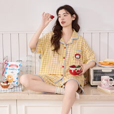 批发缤果睡衣夏季韩版短袖睡衣女士开衫翻领拉架仿棉休闲家居服