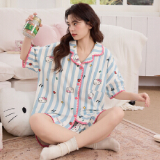 批发缤果睡衣夏季韩版短袖睡衣女士开衫翻领拉架仿棉休闲家居服