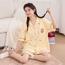 批发缤果睡衣夏季韩版短袖睡衣女士开衫翻领拉架仿棉休闲家居服