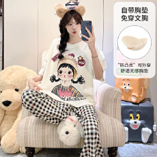 批发缤果<b class='q'>睡衣</b> 带胸垫夏季<b class='q'>睡衣</b>女士拉架仿棉可外穿短袖长裤套装