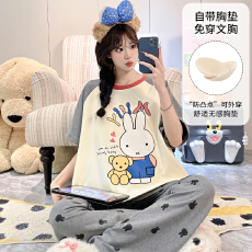 批发缤果<b class='q'>睡衣</b> 带胸垫夏季<b class='q'>睡衣</b>女士拉架仿棉可外穿短袖长裤套装