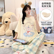 批发缤果<b class='q'>睡衣</b> 带胸垫夏季<b class='q'>睡衣</b>女士拉架仿棉可外穿短袖长裤套装