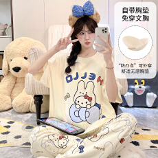 批发缤果<b class='q'>睡衣</b> 带胸垫夏季<b class='q'>睡衣</b>女士拉架仿棉可外穿短袖长裤套装