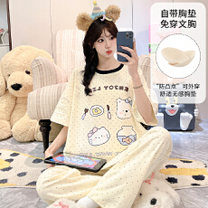 批发缤果<b class='q'>睡衣</b> 带胸垫夏季<b class='q'>睡衣</b>女士拉架仿棉可外穿短袖长裤套装