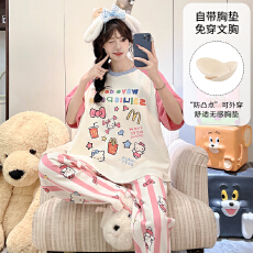 批发缤果<b class='q'>睡衣</b> 带胸垫夏季<b class='q'>睡衣</b>女士拉架仿棉可外穿短袖长裤套装