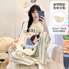 批发缤果<b class='q'>睡衣</b> 带胸垫夏季<b class='q'>睡衣</b>女士拉架仿棉可外穿短袖长裤套装