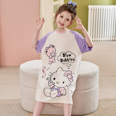 缤果睡衣 夏季女童睡衣纯棉圆领睡裙卡通小女孩家居服睡裙女