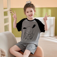 缤果睡衣 夏季女童睡衣莫代尔圆领短袖短裤卡通小女孩家居服