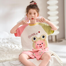 缤果睡衣 夏季女童睡衣莫代尔圆领短袖短裤卡通小女孩家居服