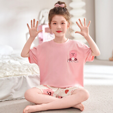 缤果睡衣 夏季女童睡衣莫代尔圆领短袖短裤卡通小女孩家居服