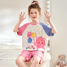 缤果睡衣 夏季女童睡衣莫代尔圆领短袖短裤卡通小女孩家居服