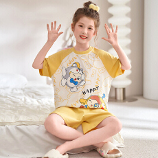 缤果睡衣 夏季女童睡衣莫代尔圆领短袖短裤卡通小女孩家居服