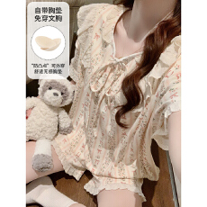 批发缤果睡衣夏季带胸垫睡衣女士拉架仿棉卡通公主风家居<b class='q'>服</b>套装