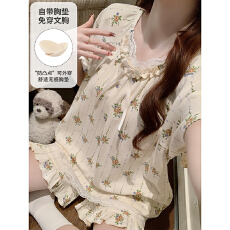 批发缤果睡衣夏季带胸垫睡衣女士拉架仿棉卡通公主风家居<b class='q'>服</b>套装