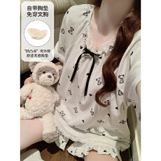 批发缤果睡衣夏季带胸垫睡衣女士拉架仿棉卡通公主风家居<b class='q'>服</b>套装