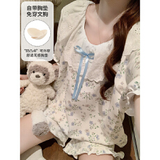 批发缤果睡衣夏季带胸垫睡衣女士拉架仿棉卡通公主风家居<b class='q'>服</b>套装
