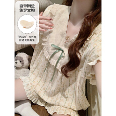 批发缤果睡衣夏季带胸垫睡衣女士拉架仿棉卡通公主风家居<b class='q'>服</b>套装