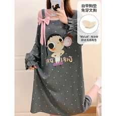 批发缤果睡衣春<b class='q'>秋</b>季带胸垫拉架仿棉长袖睡裙女公主风可外穿甜美