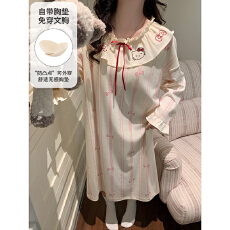 批发缤果睡衣春<b class='q'>秋</b>季带胸垫拉架仿棉长袖睡裙女公主风可外穿甜美
