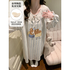 批发缤果睡衣春<b class='q'>秋</b>季带胸垫拉架仿棉长袖睡裙女公主风可外穿甜美