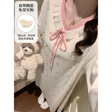 批发缤果睡衣春<b class='q'>秋</b>季带胸垫拉架仿棉长袖睡裙女公主风可外穿甜美