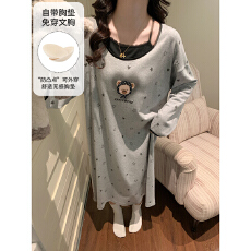 批发缤果睡衣春<b class='q'>秋</b>季带胸垫拉架仿棉长袖睡裙女公主风可外穿甜美