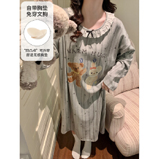 批发缤果睡衣春<b class='q'>秋</b>季带胸垫拉架仿棉长袖睡裙女公主风可外穿甜美