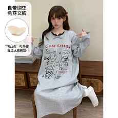 批发缤果睡衣春秋季带胸垫拉架仿棉长袖睡裙女甜美可外穿家居服
