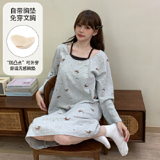 批发缤果睡衣春秋季带胸垫拉架仿棉长袖睡裙女甜美可外穿家居服