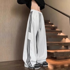 批发美式重工条纹三条杠长裤2025秋冬新男女阔脚运动卫裤ins潮牌慵懒L