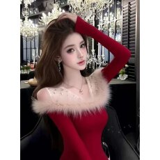 批发蕾丝拼接毛毛V领喇叭袖T恤女2025秋冬新款氛围气质修身打底上衣女