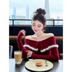 批发新年穿搭洋气独特别致修身打底衫女秋冬新款红色一字肩长袖上衣女