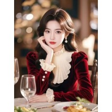 法式丝绒长袖衬衫女秋冬新款安克拉红荷叶领设计感气质百搭上衣女