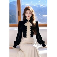 批发法式丝绒长袖衬衫女<b class='q'>秋</b>冬新款气质淑女蝴蝶结盘扣泡泡袖打底衫上衣