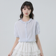 批发法式条纹花边领短袖衬衫女2026夏季新款设计感宽松超好看上衣女