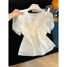 批发荷叶边系带V领短袖衬衫女2026新款夏季<b class='q'>甜美</b>法式独特漂亮仙女小衫