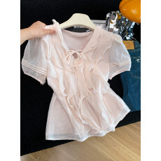 批发荷叶边抽褶系带V领短袖衬衫女2026夏新款法式独特漂亮小衫上衣女