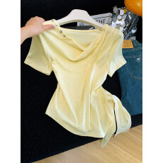 2026夏新款小性感不规则斜肩领排扣短袖T恤女收腰飘带修身上衣