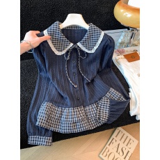 批发法式格子荷叶边<b class='q'>衬衫</b>上衣女2026秋冬气质好看宽松显瘦设计感长袖