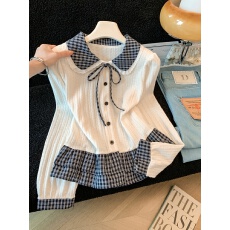 批发法式格子荷叶边<b class='q'>衬衫</b>上衣女2026秋冬气质好看宽松显瘦设计感长袖