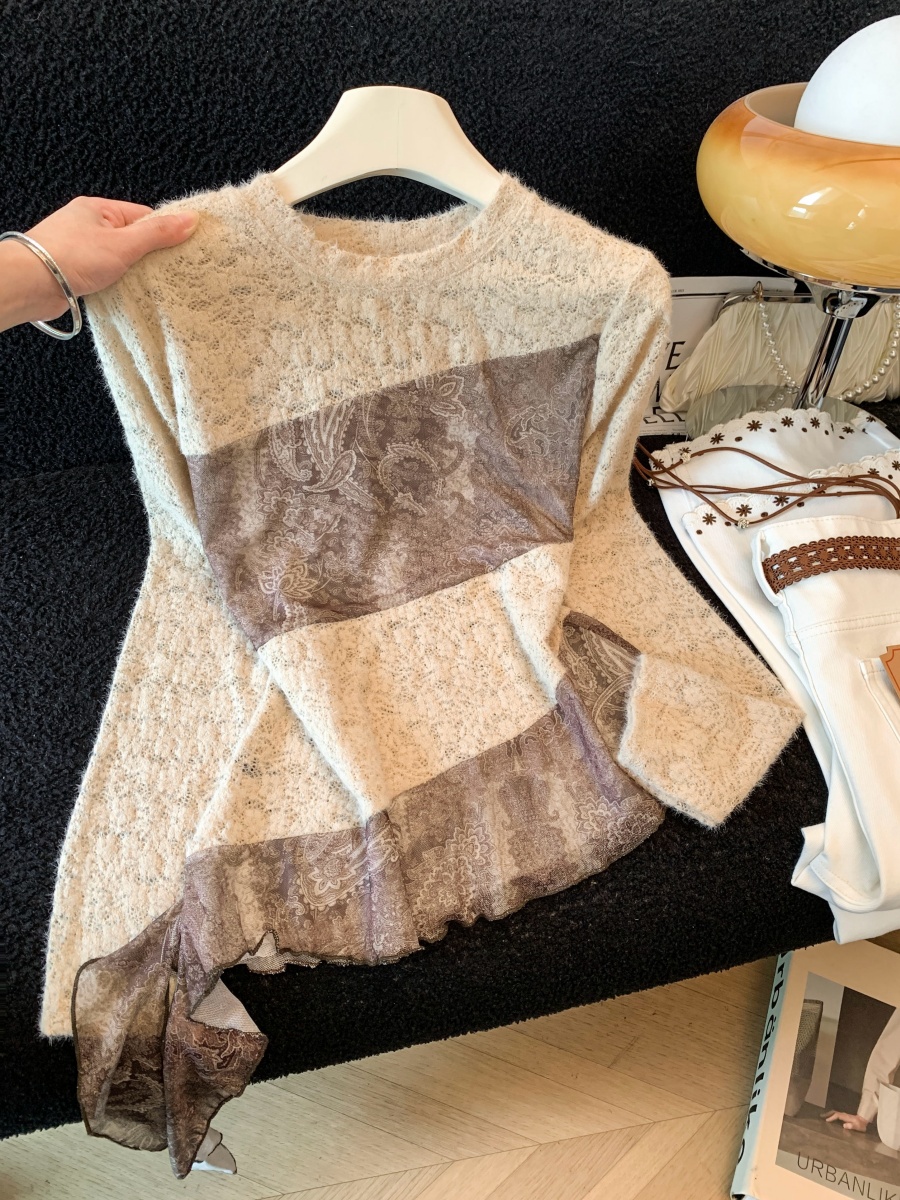 洋气宽松拼接长袖蕾丝小衫女欧货...