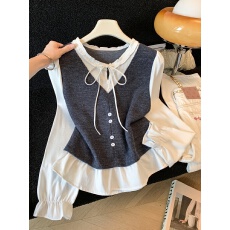 批发假两件拼接长袖荷叶边V领<b class='q'>衬衫</b><b class='q'>女</b>春秋时尚洋气设计感减龄短款上衣
