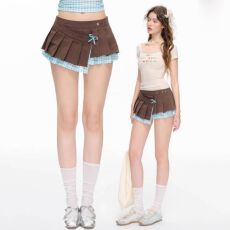 批发蓝<b class='q'>色</b>格纹撞<b class='q'>色</b>百褶裙<b class='q'>糖果</b>彩钻A字裙蝴蝶结短裙网纱印花裙裤洋气女