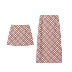 批发长款/短款粉色格子<b class='q'>半身裙</b>秋冬女<b class='q'>新款</b>高腰开叉百搭毛呢a字裙