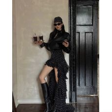 批发黑色波点拖尾<b class='q'>性感</b>半身裙女秋季新款设计感小众荷叶边显瘦长裙子