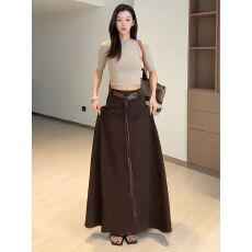 批发垂感修身咖色毛呢半身裙女秋季新款高腰大摆a字裙百褶长款休闲裙