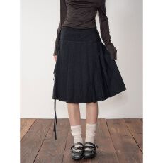 批发韩系深灰色学院风系带中长裙修身百褶半身裙子女早秋新款百搭中裙