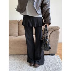批发韩系秋冬假两件叠穿黑色休闲微喇裤女新款设计感长裤屁帘<b class='q'>裙裤</b>子潮