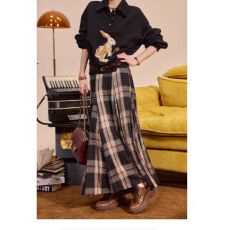 批发春秋时髦的格子长裙无限优化比例 格纹大摆量半身裙梨形遮肉